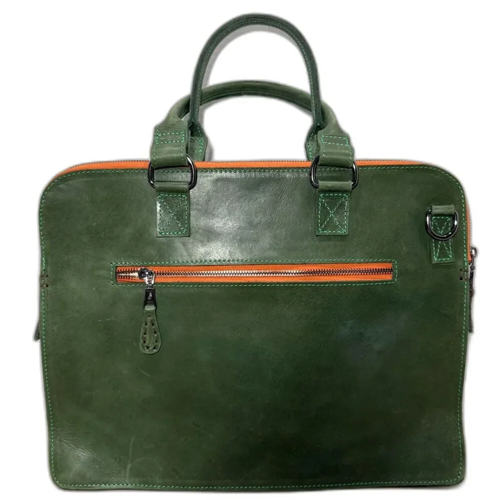 Zaaf Ethiopian Leather Briefcase/Bag With Crossbody Strap - Green